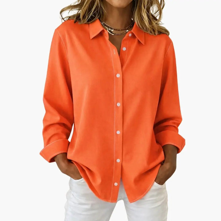 Classic women's button up blouse, long sleeve, relaxed fit for effortless and chic everyday style.