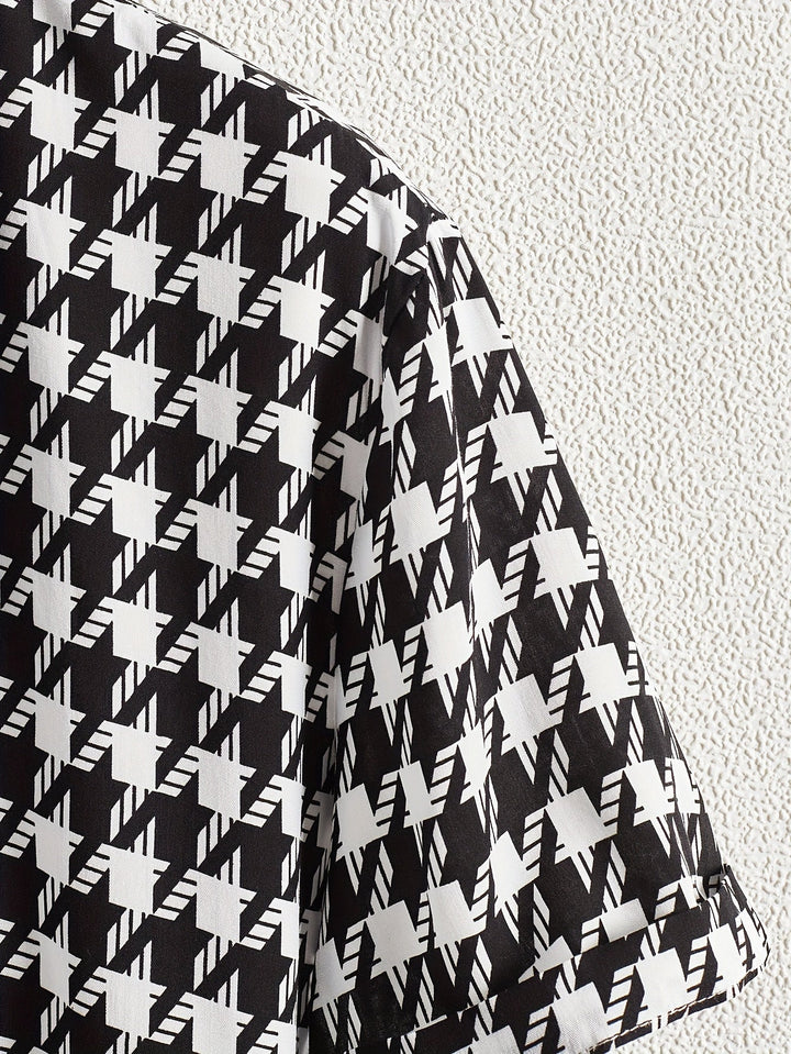 Women's houndstooth relaxed fit cotton blend button-up shirt, a perfect casual top.