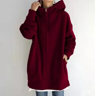 Stylish women's relaxed fit full zip hoodie, soft fabric, perfect for casual comfort.