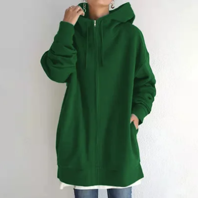 Women's relaxed fit full zip jacket, a comfortable hooded sweatshirt for casual wear.