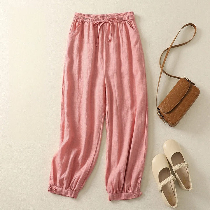 Fashionable women's harem pants with elastic waist, ideal for summer, resort wear, or travel.
