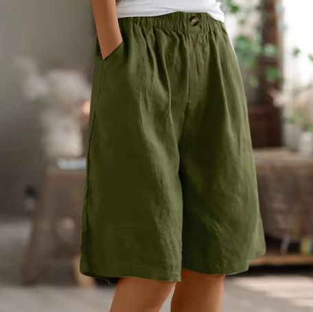 Women's relaxed fit high-waisted Bermuda shorts, perfect for casual summer comfort & everyday wear.