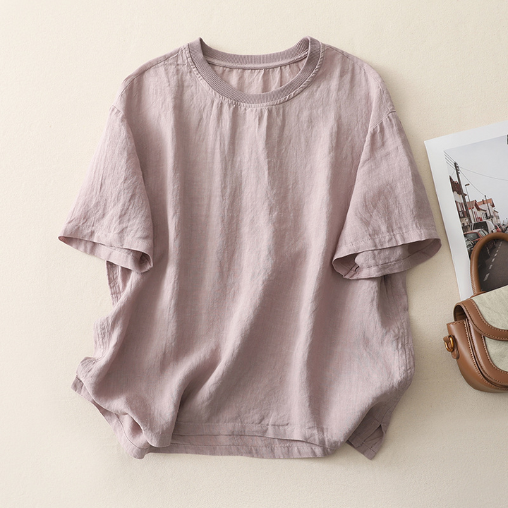 Soft linen-cotton blend women's tee, relaxed and breathable, a lightweight summer top.