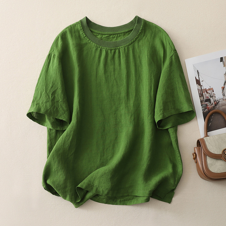 Versatile women's relaxed fit tee in a lightweight, breathable linen blend, perfect for summer casual.
