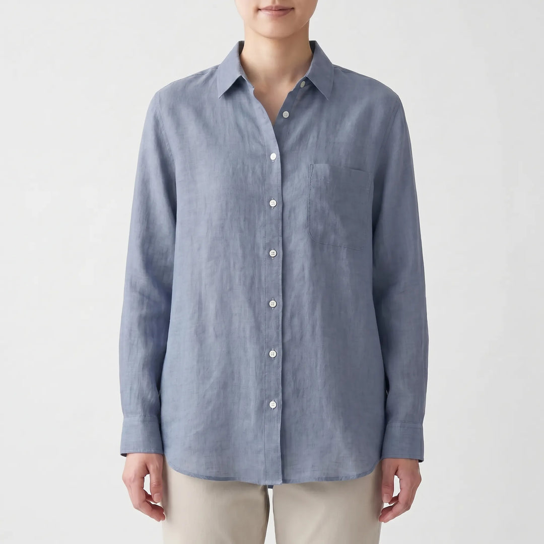 Lightweight women's long sleeve button-up shirt, relaxed fit. Perfect spring summer layering piece for smart casual looks.