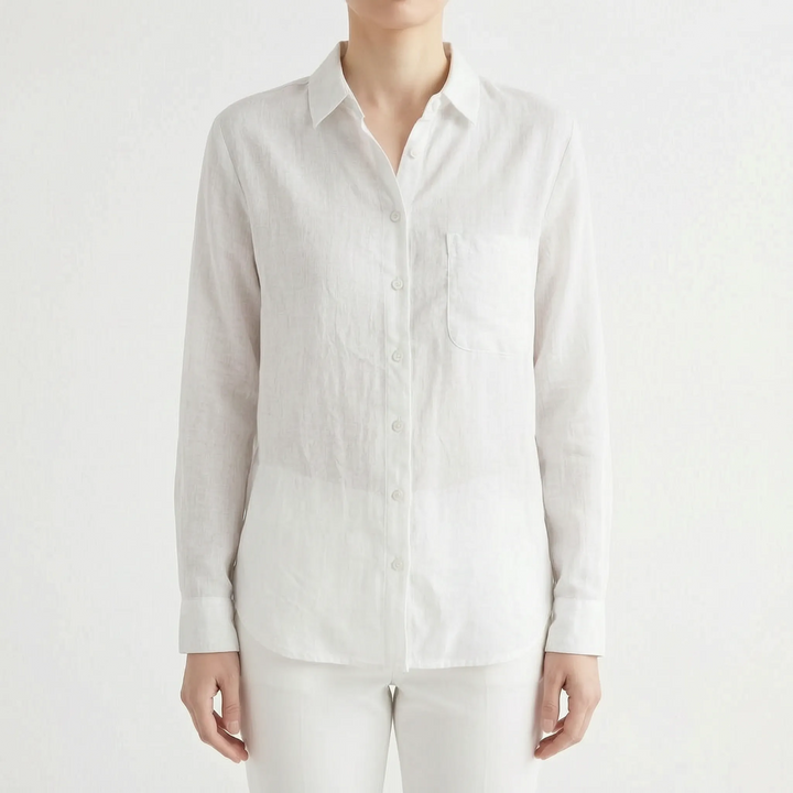 Effortless women's long sleeve button-up shirt, relaxed fit. Stylish and lightweight, great for spring/summer fashion.