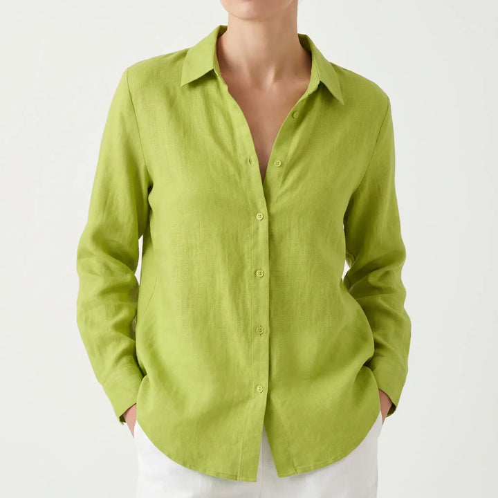 Casual women's long sleeve button-up collared shirt in a relaxed fit, perfect for summer.
