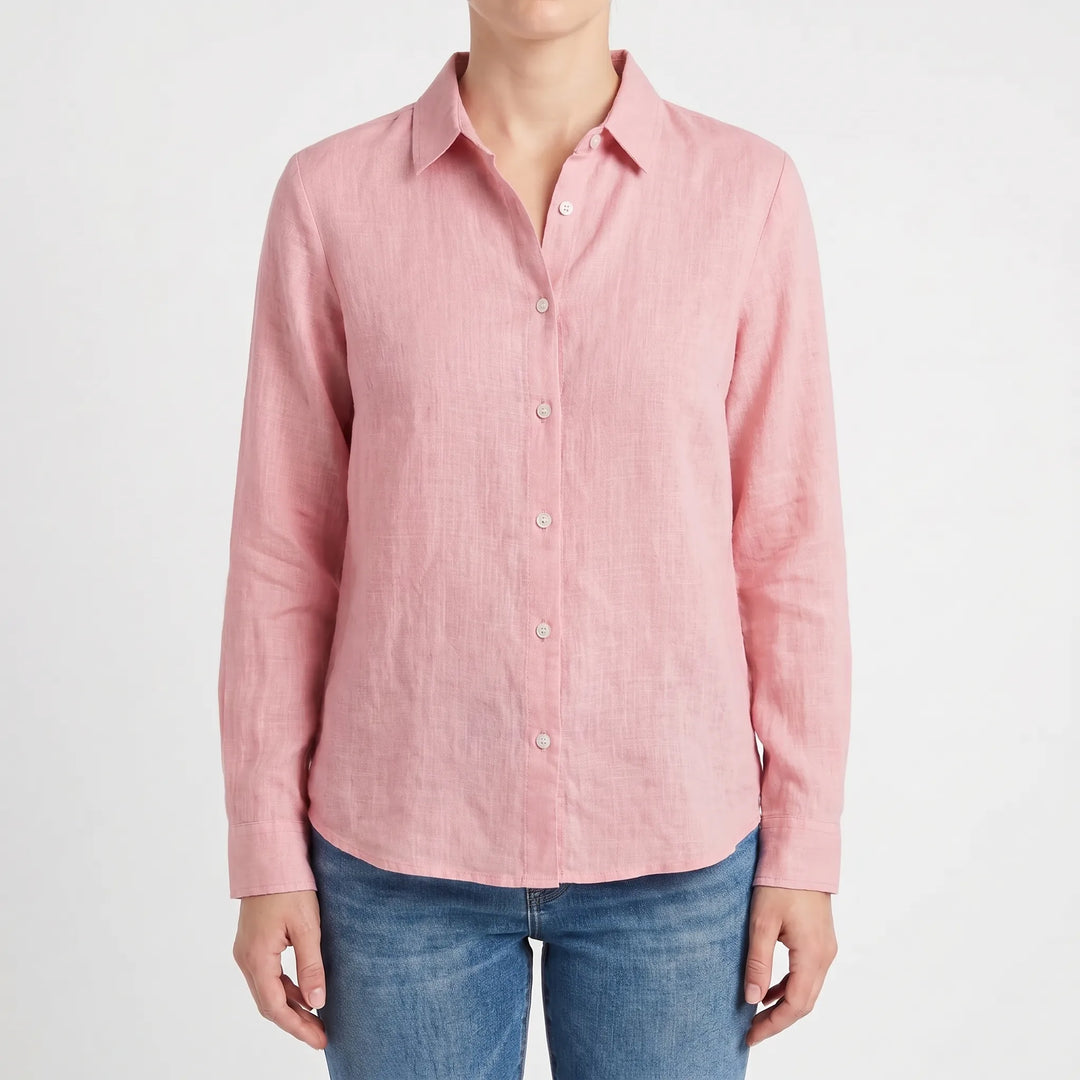 Women's long sleeve collared button-up shirt, relaxed fit, a versatile top for summer.
