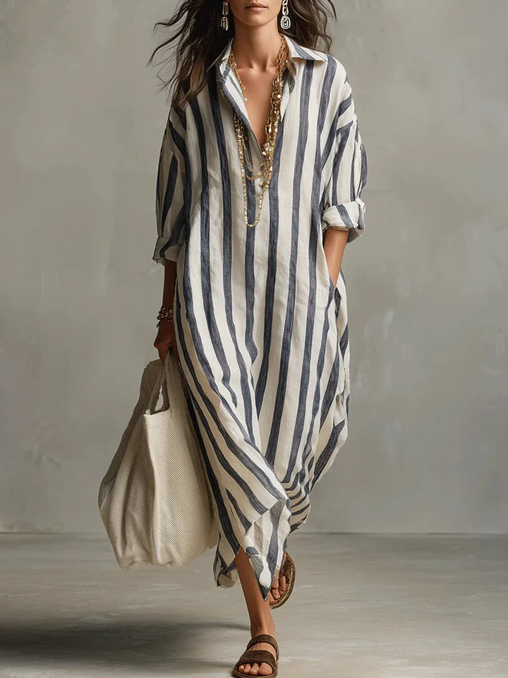 Women's relaxed fit striped maxi shirt dress with V-neck collar. Perfect casual summer or travel dress.