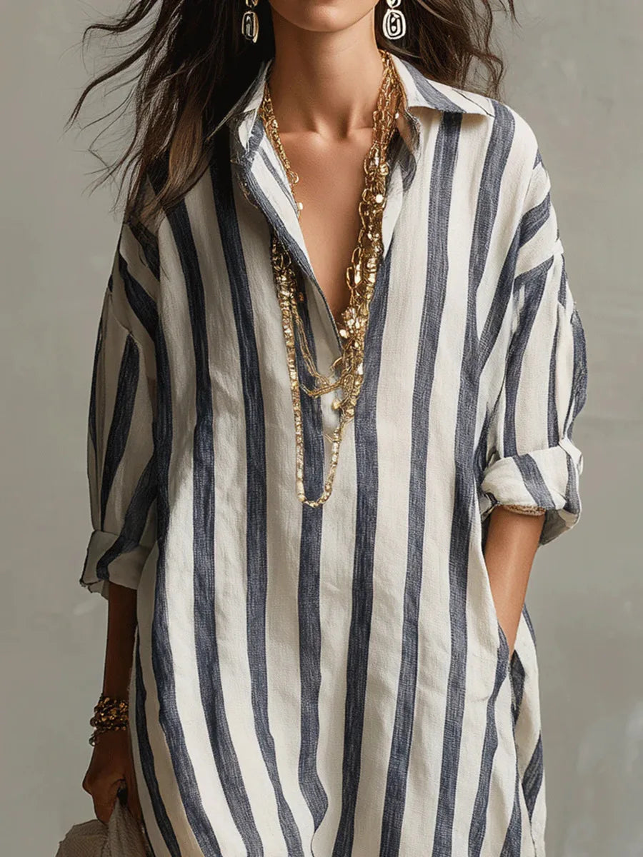 Long women's V-neck striped shirt dress. Relaxed fit maxi style, a comfortable casual summer or travel dress.