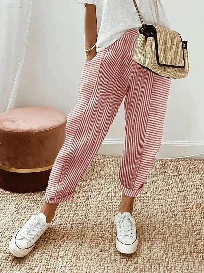 Blue striped women's casual trousers with elastic waist and straight leg for comfortable, versatile wear.