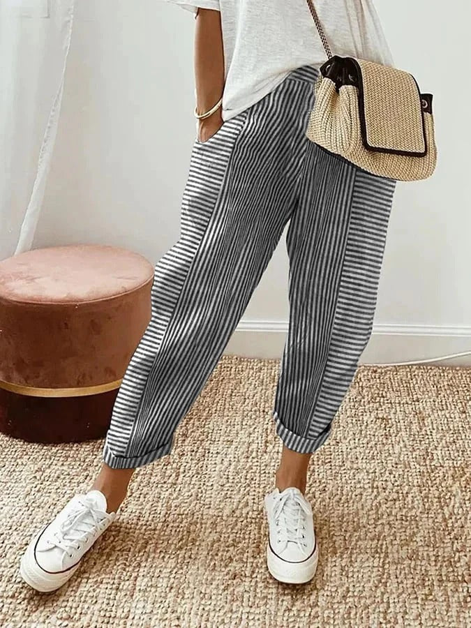 Versatile women's striped pants, relaxed fit, elastic waist, great for casual wear or lounge.