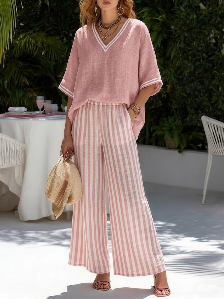 Women's relaxed fit striped two-piece shirt & wide leg pant set. Comfortable summer casual outfit.