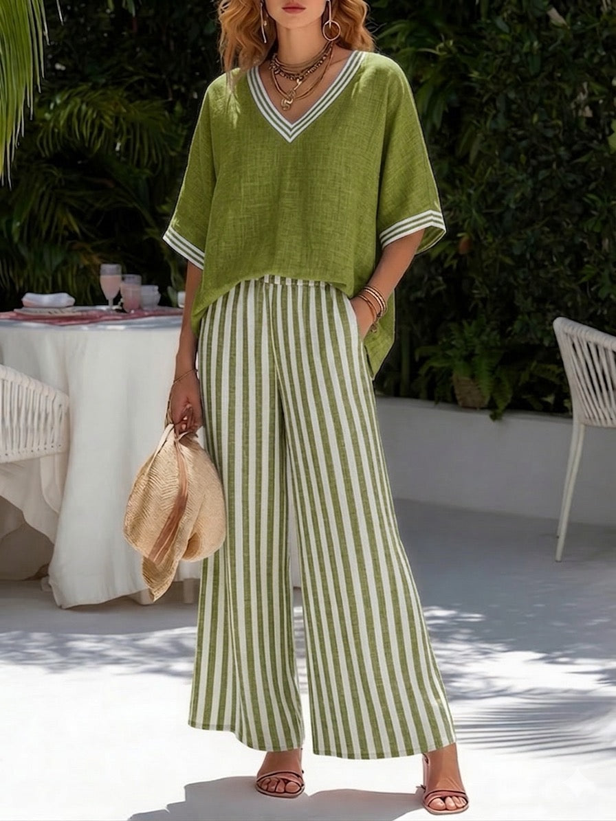 Women's relaxed fit striped two-piece set, perfect for summer casual outings. Stylish and comfortable.