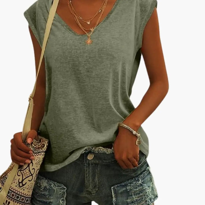 Women's relaxed fit V-neck sleeveless top in a soft, comfortable fabric, perfect for everyday casual wear.
