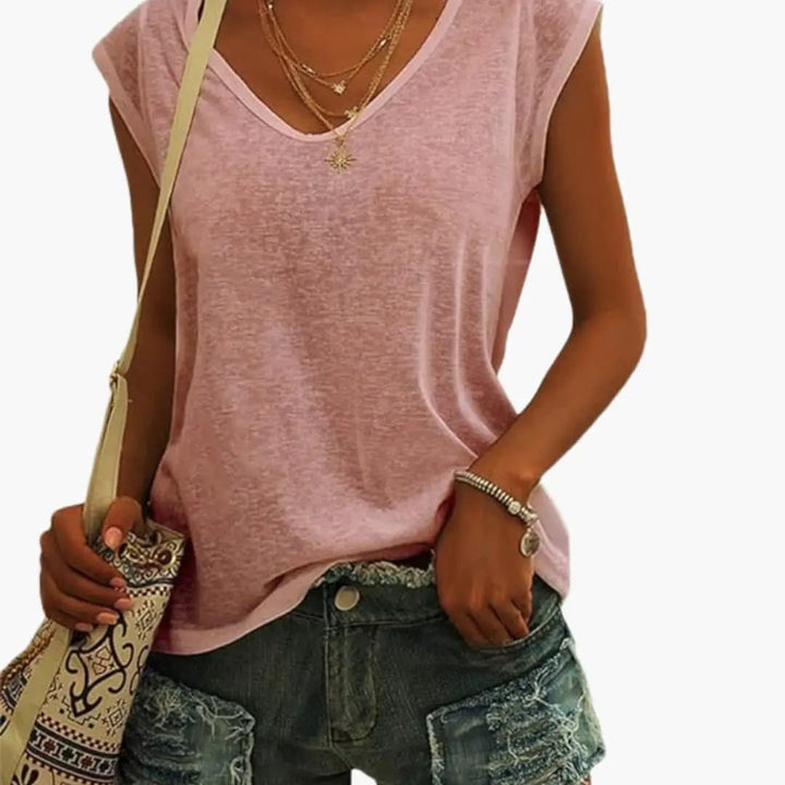Back view of a comfortable women's relaxed fit V-neck sleeveless top, offering freedom of movement.
