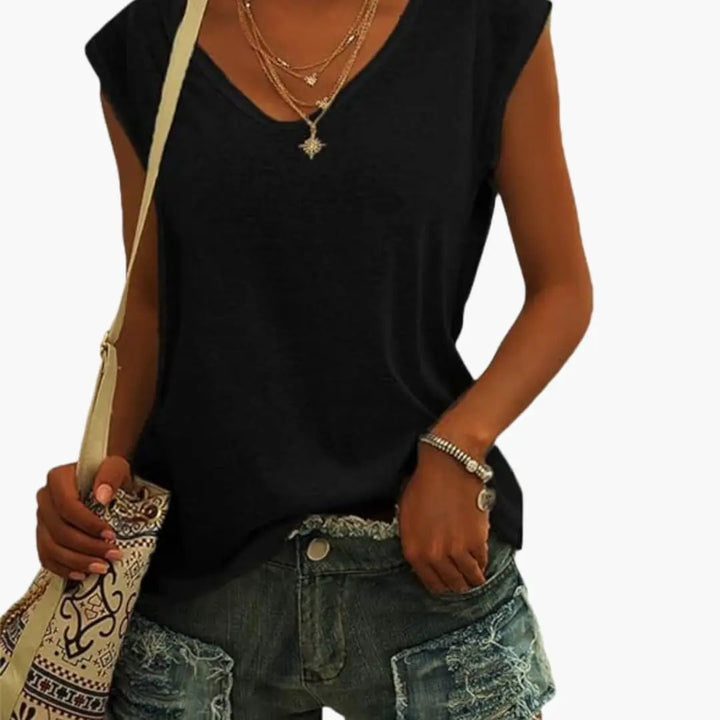 Soft fabric detail on a women's V-neck sleeveless top, highlighting its comfortable, everyday style.