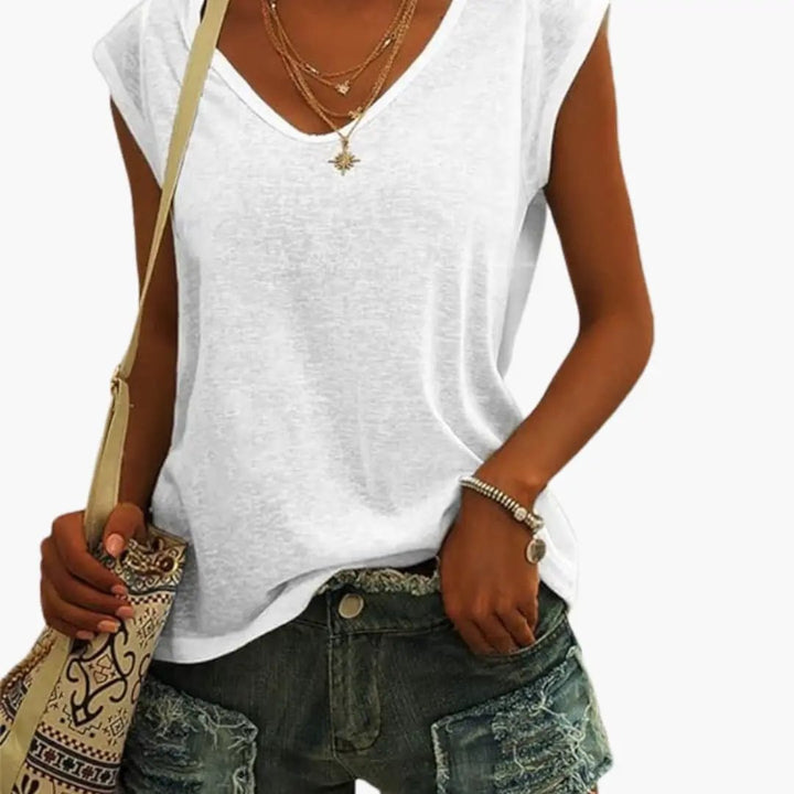 Plus size women's relaxed V-neck sleeveless top, offering a flattering and comfortable fit for all body types.