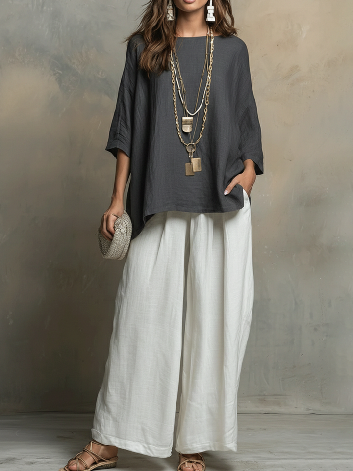 Versatile khaki women's matching set: relaxed fit shirt & wide-leg pants. Great for casual summer outfits.