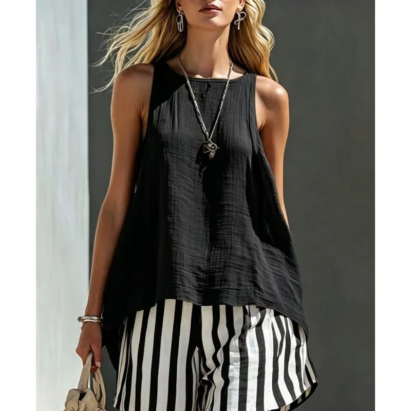 Women's casual striped tank and shorts combo. Breathable summer apparel, perfect for vacation style.