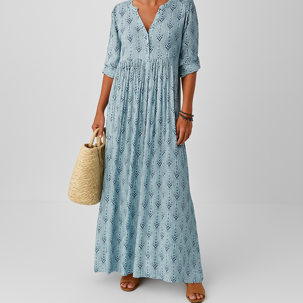 Women's relaxed V-neck maxi dress with a vibrant boho print, perfect for summer casual wear.