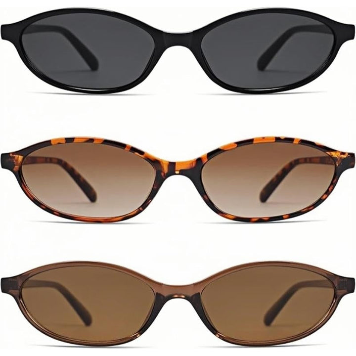 Women's 90s retro cat-eye sunglasses 3-pack: black, brown, & leopard print.