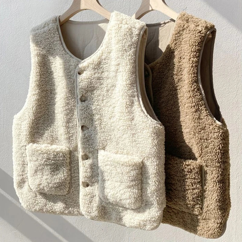 Beige women's reversible quilted vest with button-up front, ideal for versatile layering.