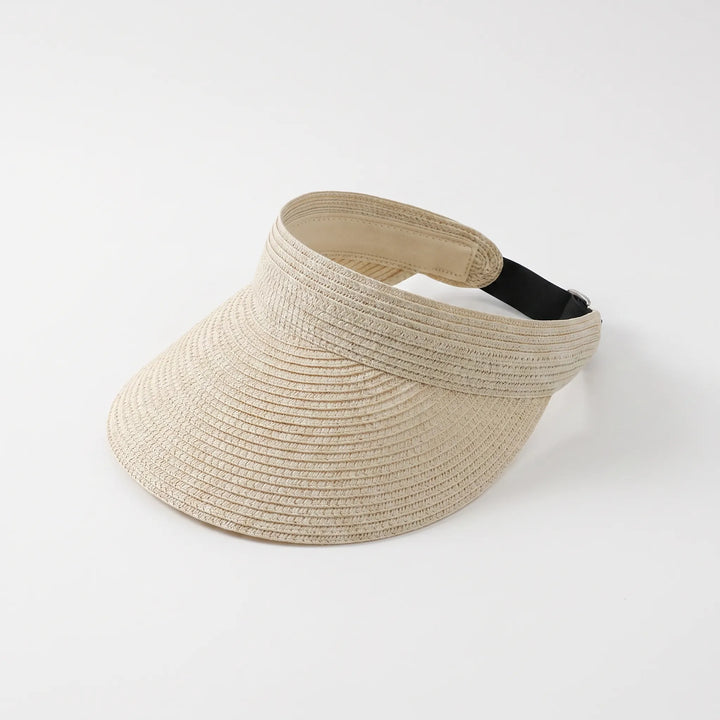 Women's travel roll-up sun visor hat, wide brim, adjustable, available in khaki, white, beige, black.