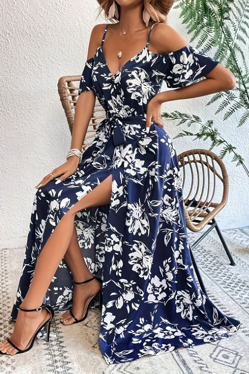 Women's romantic cold shoulder maxi dress, elegant and flowy, perfect for summer occasions or date nights.