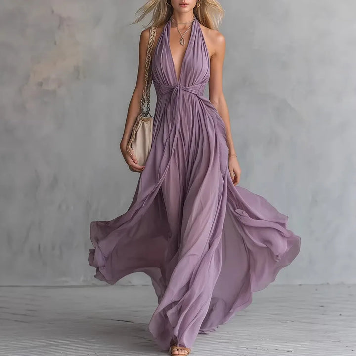 Women's Roselyn flowy evening maxi dress with pleated backless design & halter neck, perfect for parties.