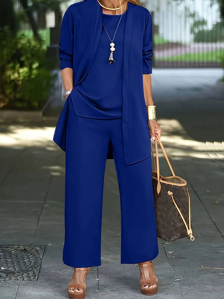 Women's 3 piece matching set: long sleeve round neck top & wide leg pants for versatile casual wear.