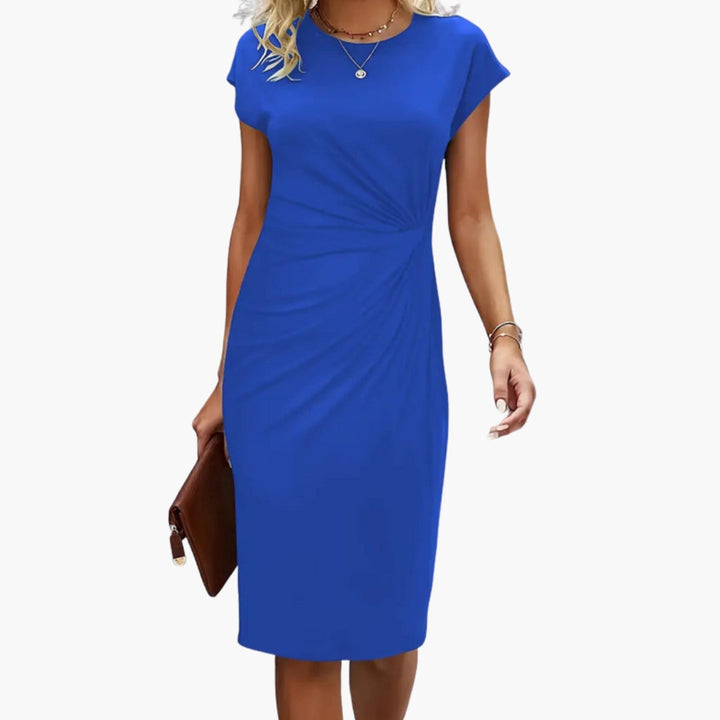 Effortless women's round neck midi dress with short sleeves, a versatile piece for spring, summer, and work.