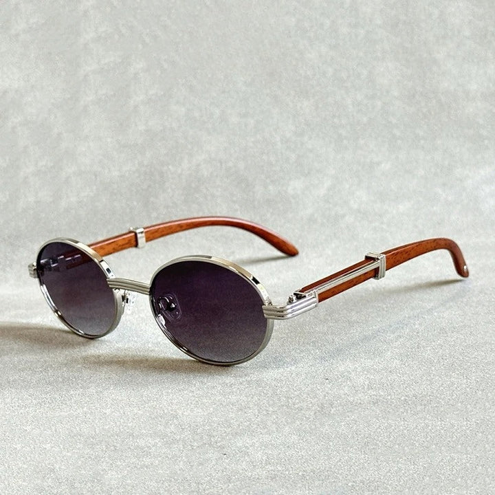 Vintage style round woodgrain women's sunglasses. Fashionable UV400 eyewear, a must-have summer accessory.