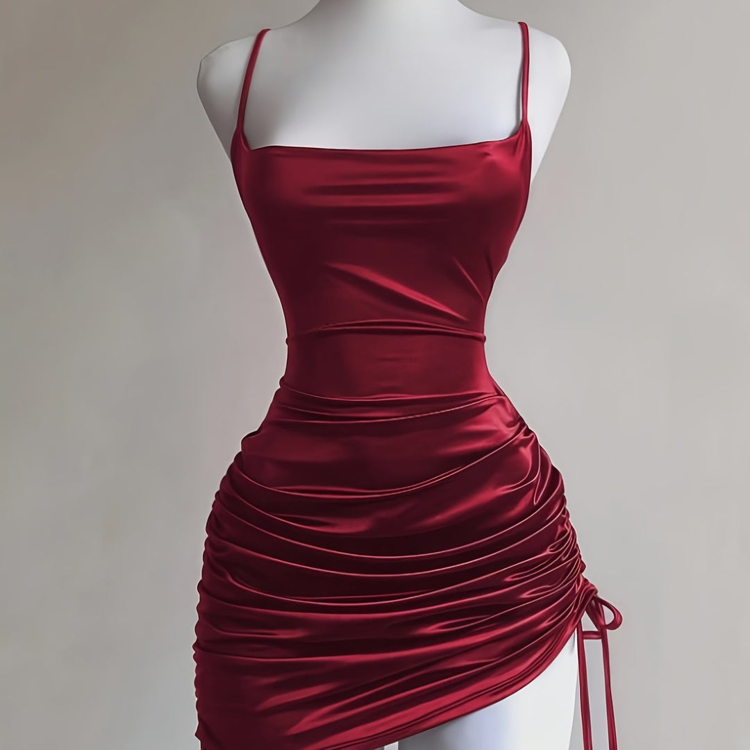 Women's party-ready mini dress, ruched drawstring detail, perfect for evenings.