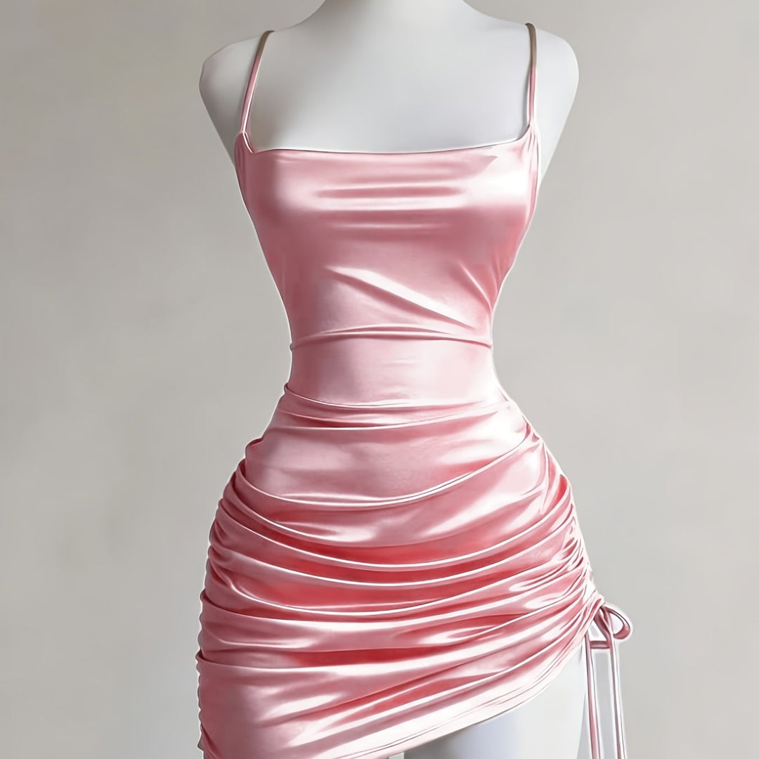 Elegant women's ruched mini dress, adjustable straps, ideal for homecoming events.