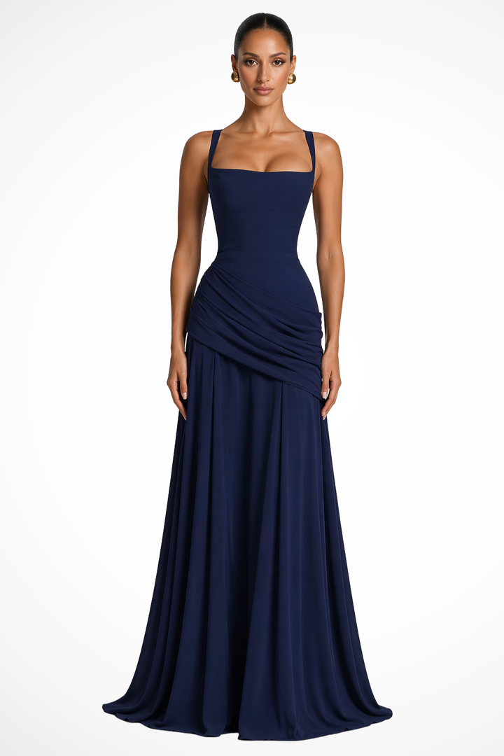 Beautiful women's ruched spaghetti strap maxi dress. An elegant flowing party or evening gown.