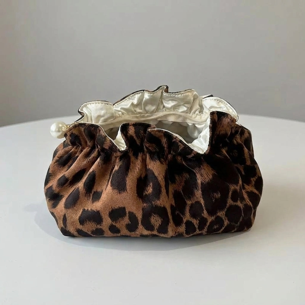 Pearlynn Ruffle Top leopard print cosmetic bag, a stylish and elegant makeup pouch, perfect gift for her.