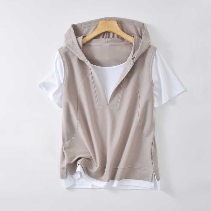 Women's Savannah Layered Hoodie Tee, a relaxed fit V-neck long sleeve top perfect for casual spring & fall outfits.
