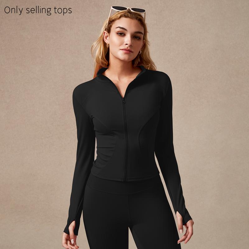 Women's sculpted zip performance gym top, long sleeve with thumbholes, ideal for activewear & training.