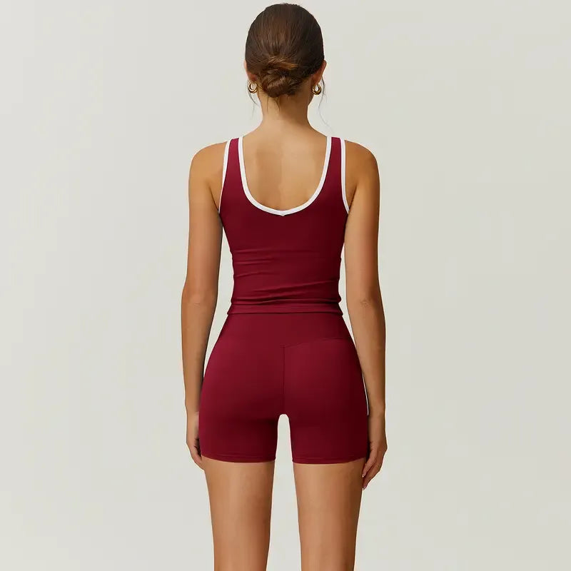 Women's sculpting activewear tank & high-waisted shorts set for gym, running, yoga, and daily athleisure.