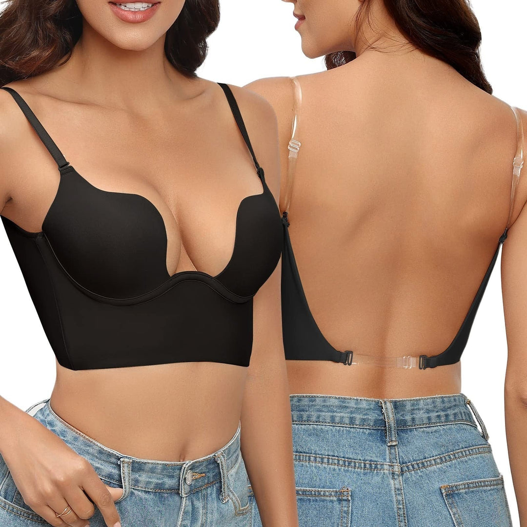 Women's backless bra, seamless construction with a low back and deep U plunge. Adjustable & convertible design.