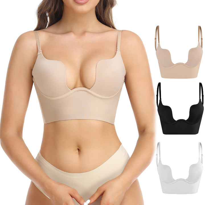 Plunge backless seamless body shaper for women, offering invisible support under deep V formal dresses.
