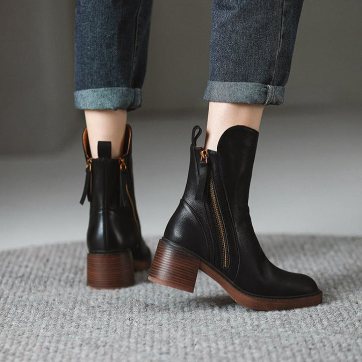 Detailed view of the women's Selene heeled ankle boots, emphasizing the quality craftsmanship and comfortable sole.