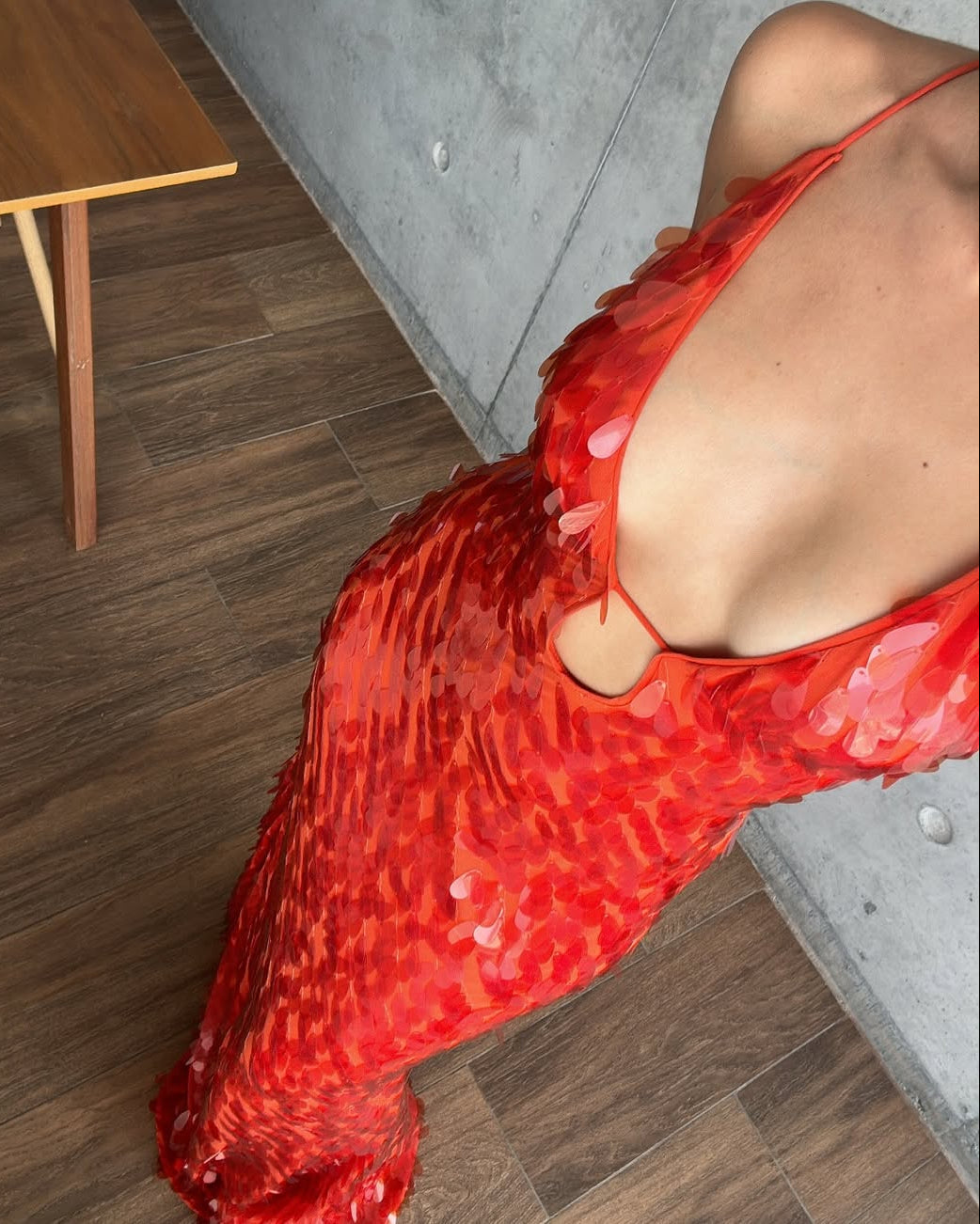 Women's captivating red sequin plunge neck prom dress. Perfect maxi homecoming or formal evening wear.