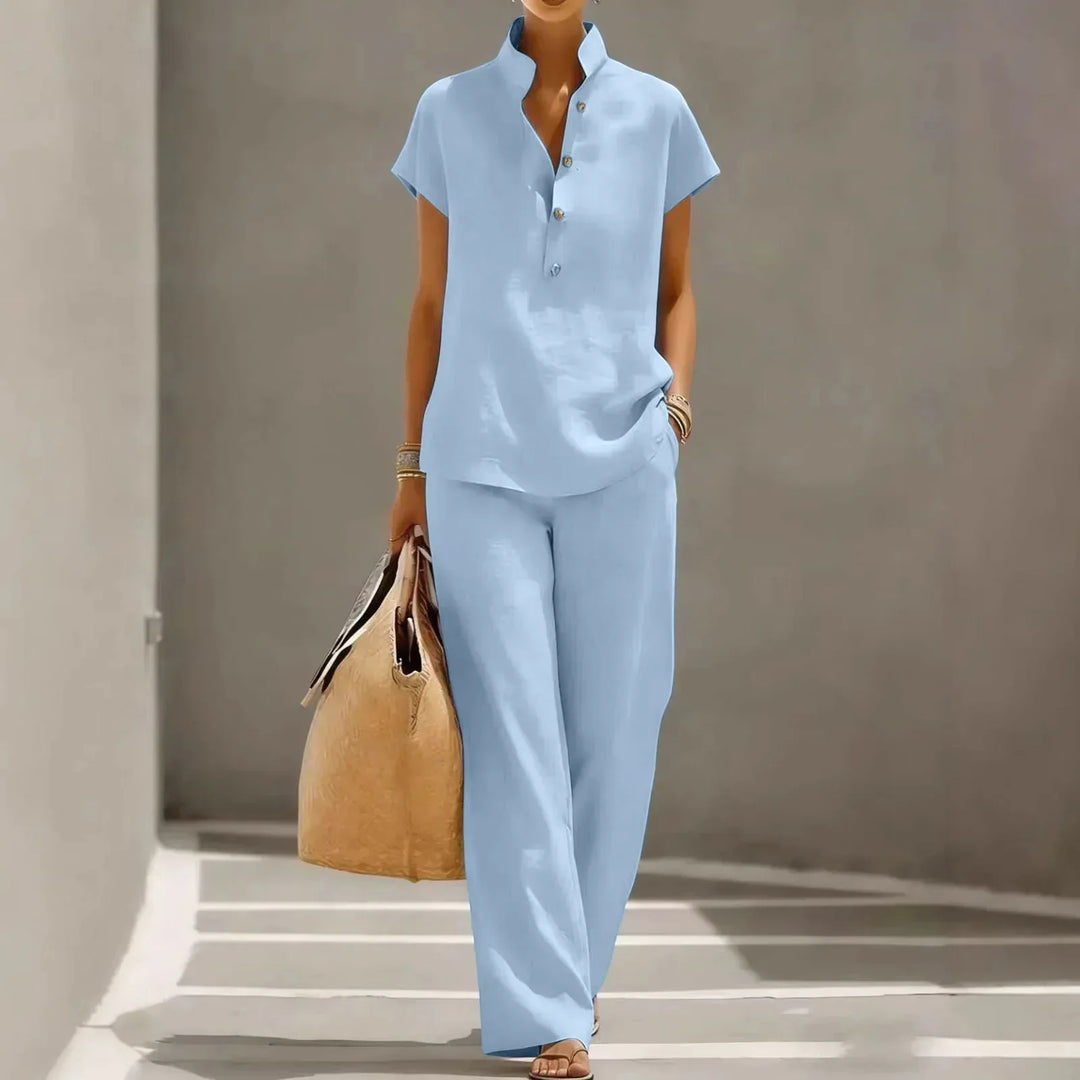 Women's short sleeve two-piece lounge set with wide leg pants, perfect for casual summer comfort.