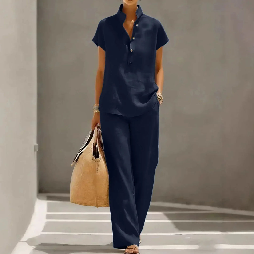 Comfortable women's short sleeve lounge set, a versatile two-piece with relaxed wide leg pants for summer.