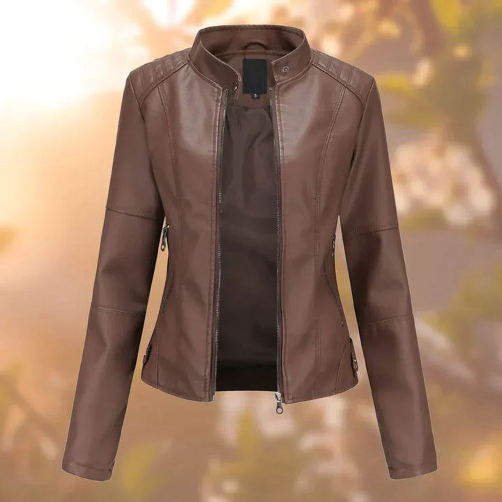 Stylish women's tailored biker jacket in sleek black, ideal for modern edgy fashion & versatile wear.