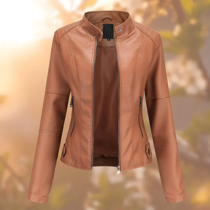 Edgy women's biker jacket, sleek design for casual or chic outfits. Versatile transitional outerwear.