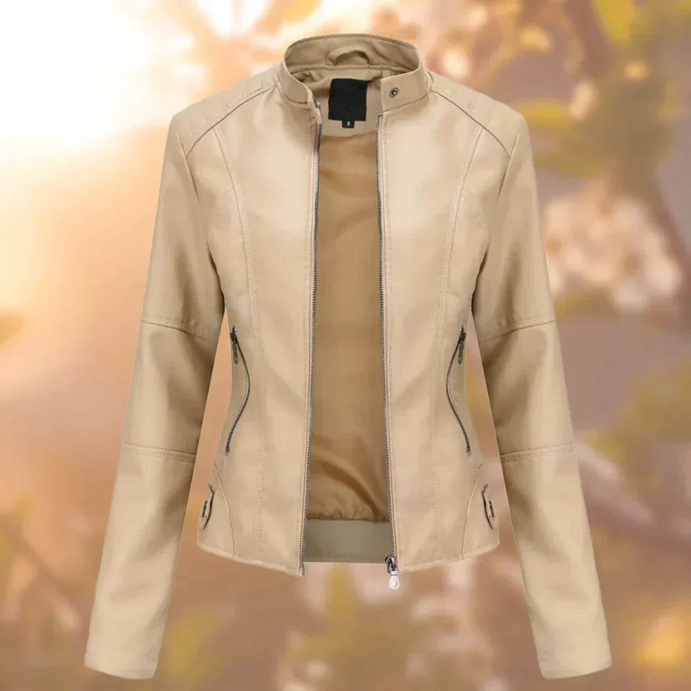 Sleek black women's biker jacket, modern tailored fit for edgy and versatile fashion statements.