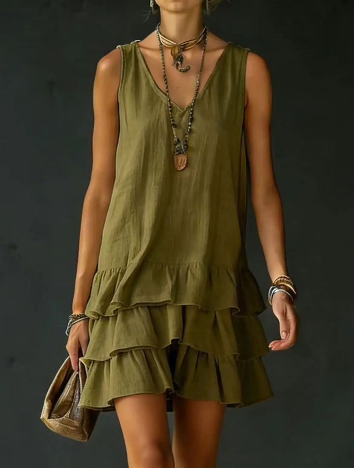 Lightweight tiered ruffle mini dress for women, excellent as a casual summer or vacation V-neck dress.